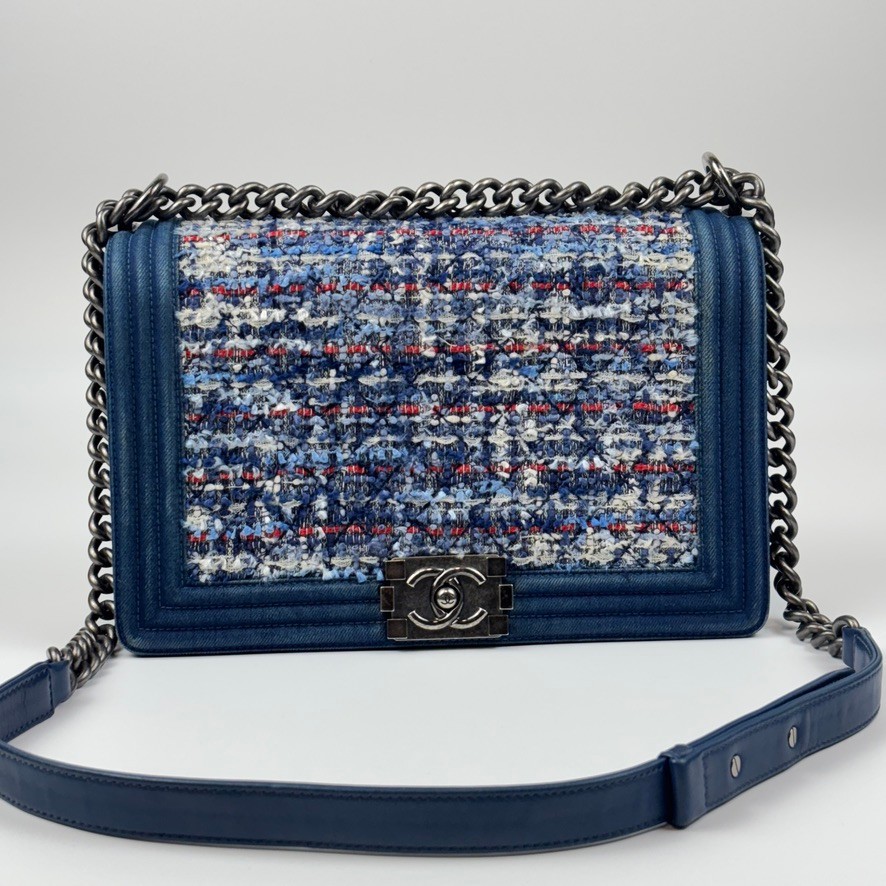 Auth CHANEL Boy Large Navy Blue Denim Tweed a64 | eBay