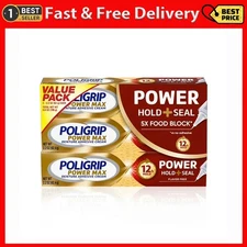 Poligrip Power Max Power Hold + Seal Denture Cream, Flavor Free - 3 x 2.2 Oz