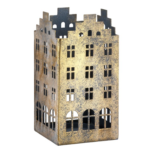 "Gilde Teelichtleuchter, Haus, \"HäUserreihe\", Hausmotiv, Metall, Goldfarben Deko"-image