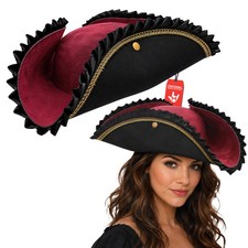 Black Pirate Tricorn Hat with Gold Trim, Adult Buccaneer Costume, Pack of 1-12