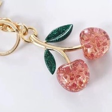 New Cherry Resin Glitter Bag Charm Gold Key Fob Keychain