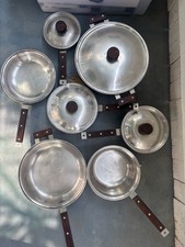 Ensemble casseroles et poêles vintage Farberware Cookware Tri-Ply double manche en bois RARE