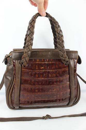 Vintage très beau sac à main forme trapèze en cuir et croco marron LAURAIN Bijou - Bild 4 von 15