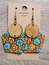 Hand Painted Laser Cut Wood Earrings Split Flowered Boho Dangle 2"