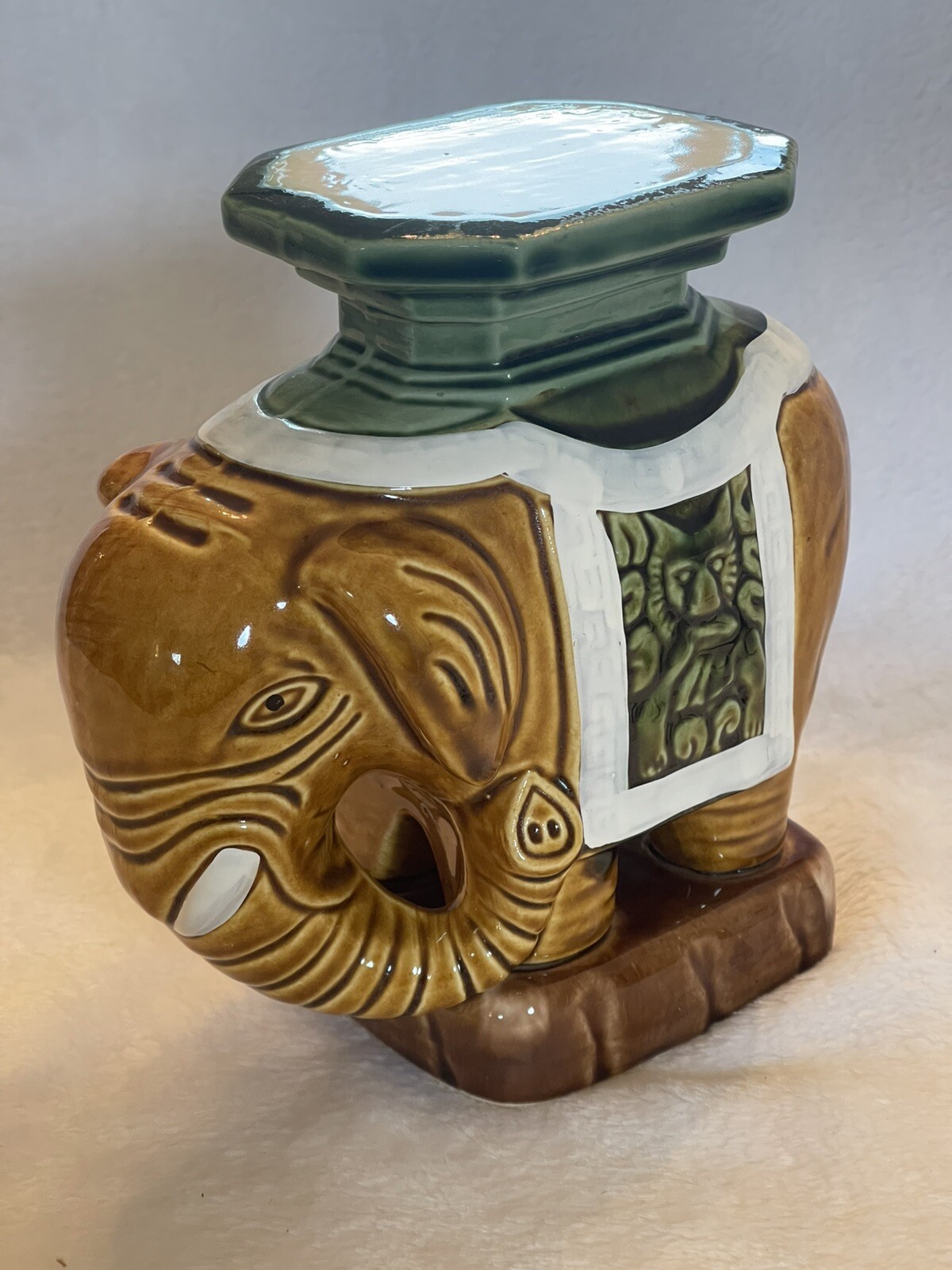 Vintage Majolica Elephant Miniature Garden Stool_Enesco/Japan