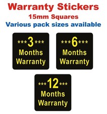 15mm Square - 6 Months Warranty Stickers / Labels - Various Pack Sizes Available