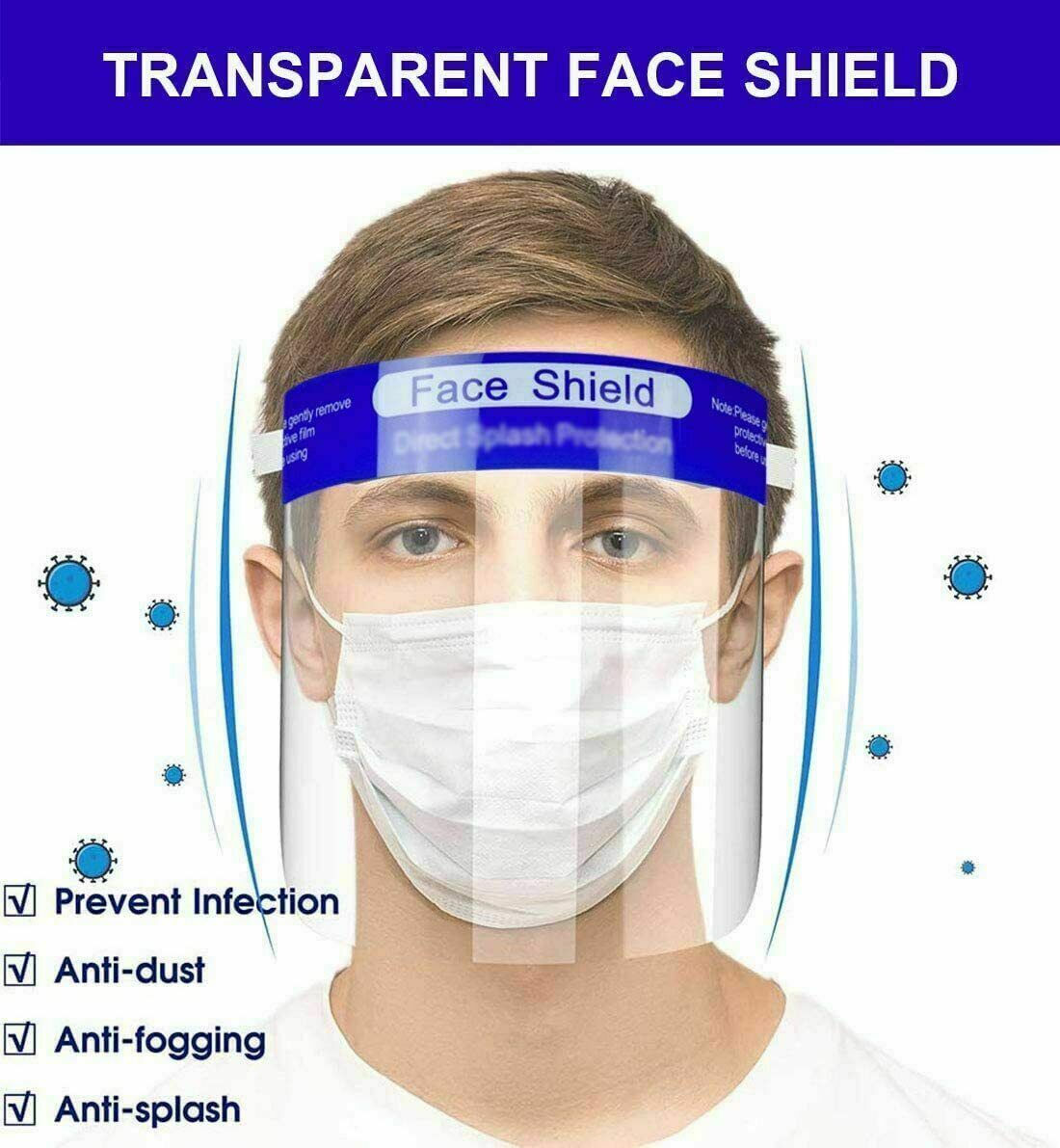 Face Shield Full Face Visor Protection Mask PPE Shield Transparent Clear Plastic