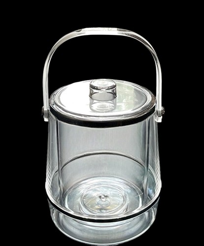 Seau à glace en acrylique lucite transparente MCM avec pince à poignée couvercle garniture argent excellente - Photo 3/12