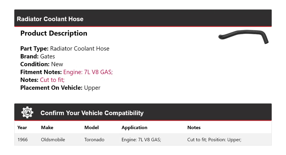 Manguera de refrigerante de radiador de gas Oldsmobile Toronado 1966 7L V8 puertas superiores Foto 2 de 4