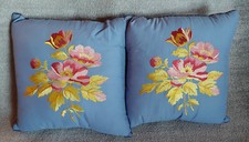 Pair of Cottage Core Floral Pillows Embroidered Peony Blue Pink 15" x 15" Granny