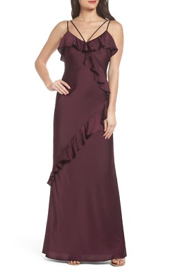 maria bianca nero silk dress MARIA BIANCA NERO Wine Red Purple Ruffle Satin Strappy Sexy Maxi Gown Dress  2 XS