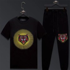 New Men Luxury Tiger Rhinestones Set Black T-Shirt Pants Suit High Quality Set