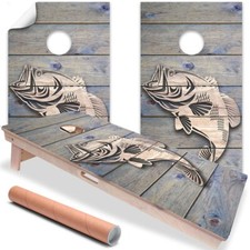 Bass Fish Jump Cabin Boat Lake Life Cornhole Board Wrap and Decals Vinyl Sticker