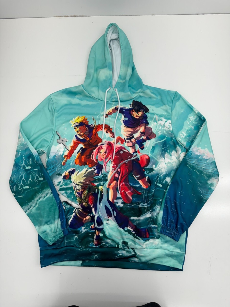 Shein Blue Multicolor Naruto Pullover Graphic Print Hoodie Mens