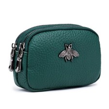 Genuine Leather Green Coin Purse Small Double Zipper Wallet Pouch for Women