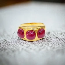 Ruby Gemstone With 925 Sterling Silver Gold Plated Ring For Men's #BL85