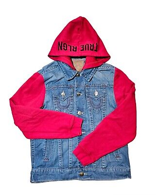 True Religion Jacket Men Small Denim Jean Trucker Red Hoodie True Religion Jacket Men Small Denim Jean Trucker Red Hoodie