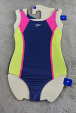 Speedo girls Large swimsuit one piece navy blue neon pink and yellow tank T back