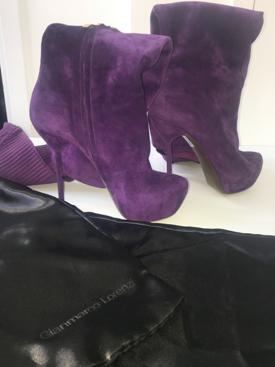 Bottes Genouillères Gianmarco Lorenzi – Plateforme Et Talon Aiguille, Daim Violet, Taille 38, Neuves Sans Boîte