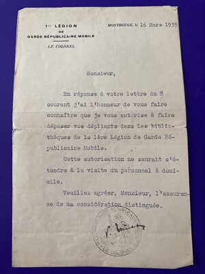 1. LEGION DER MOBILEN REPUBLIKANISCHEN GARDE SIGNIERT OBERST MONTROUGE 16.3.1935