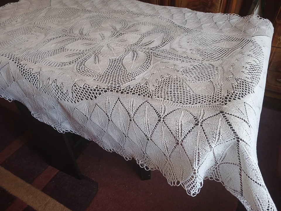 Hand Knitted Tablecloth 81″ Cotton Handmade Lace Doily - Image 3 of 4