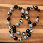 Vintage Japanese Handpainted Floral Beaded Necklace Black Flower Costume Jewelry