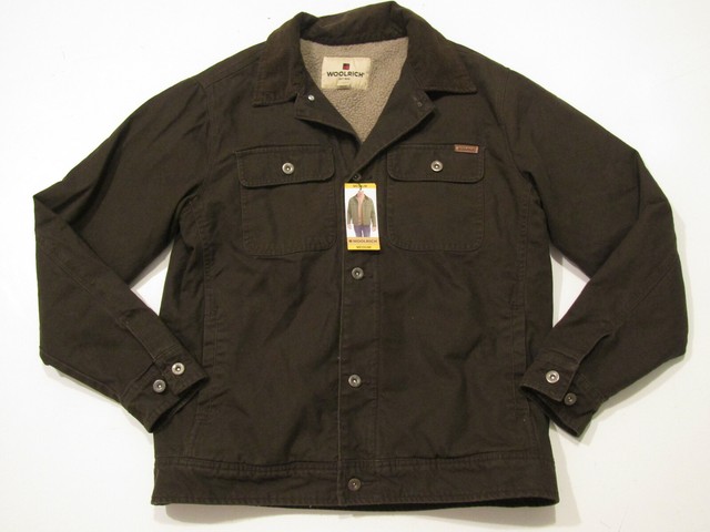 Woolrich Mens Canvas Jacket Sherpa Lined Dark Brown Button up M Medium