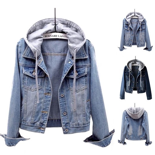 Womens Hooded Denim Jacket Mid Blue Ladies Long Sleeve Fashion Coat