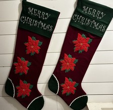 Vintage Extra Large Christmas Stockings Pair Poinsettia Appliqu 36 1980 s