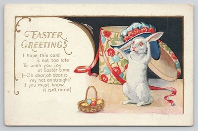 Anthropomorphic White Rabbit Wears Flower Decorated Hat  Easter Postcard