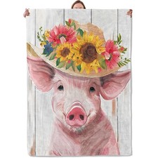 Floral Pig Blanket Flannel Throw Blankets, Cute Flower Farm Animal Lightweigh...