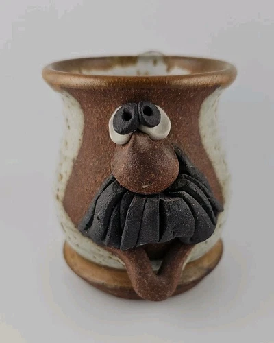 Vtg MMS Mahon Ugly FD Funny Face Stoneware Pottery Mug Mustache Signed