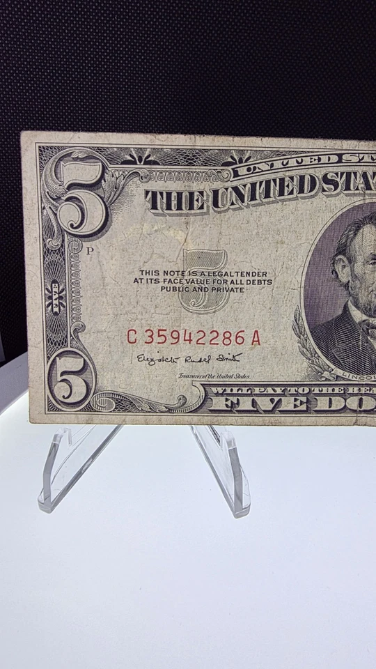 1953-B $5 Dollar Bill Red Seal - United States Note - Nice Circulated Condition - Image 3 of 4