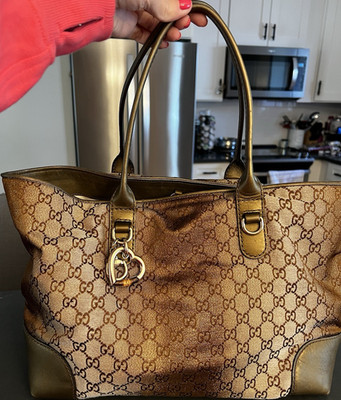 Gucci GG Lurex heartbit tote-beige & bronze canvas w/ leather trim & heart charm
