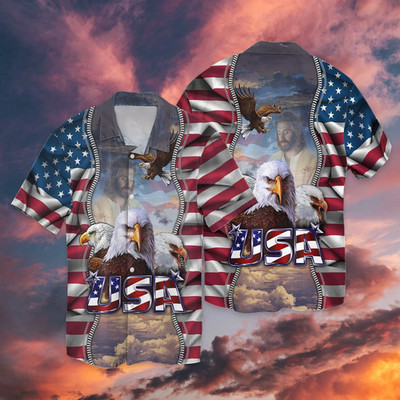 United States Independence Day Eagles God Blessing All Printed Hawaiian Shirt