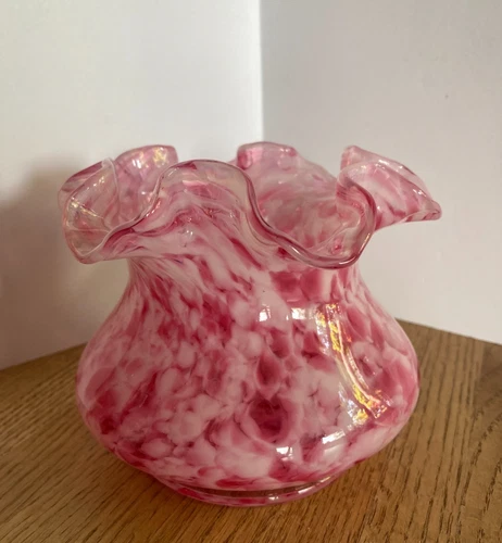 Fenton Rose Mist Vasa Murrhina Pink White Ruffled 4" Rose Bowl Vase 1960sVintage