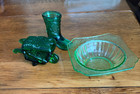 Very Rare Green Depression glass wheelbarrow with lid, boot, and small bowl. — photo 1