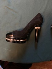 Chanel Pearl Platform Pumps Size 37.5 US 6.5-7 Black Satin Cap Toe High Heels