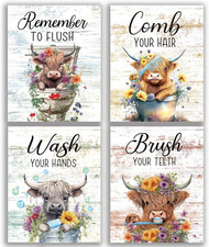 Funny Highland Cow Bathroom Rules Vintage Bathroom Wall Decor Set of 4 8"X10"...