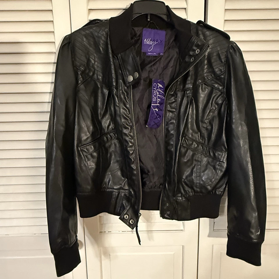 Miley Cyrus Max Azria Black Faux Leather Bomber Jacket Women’s XL New With Tag - Image 2 of 4