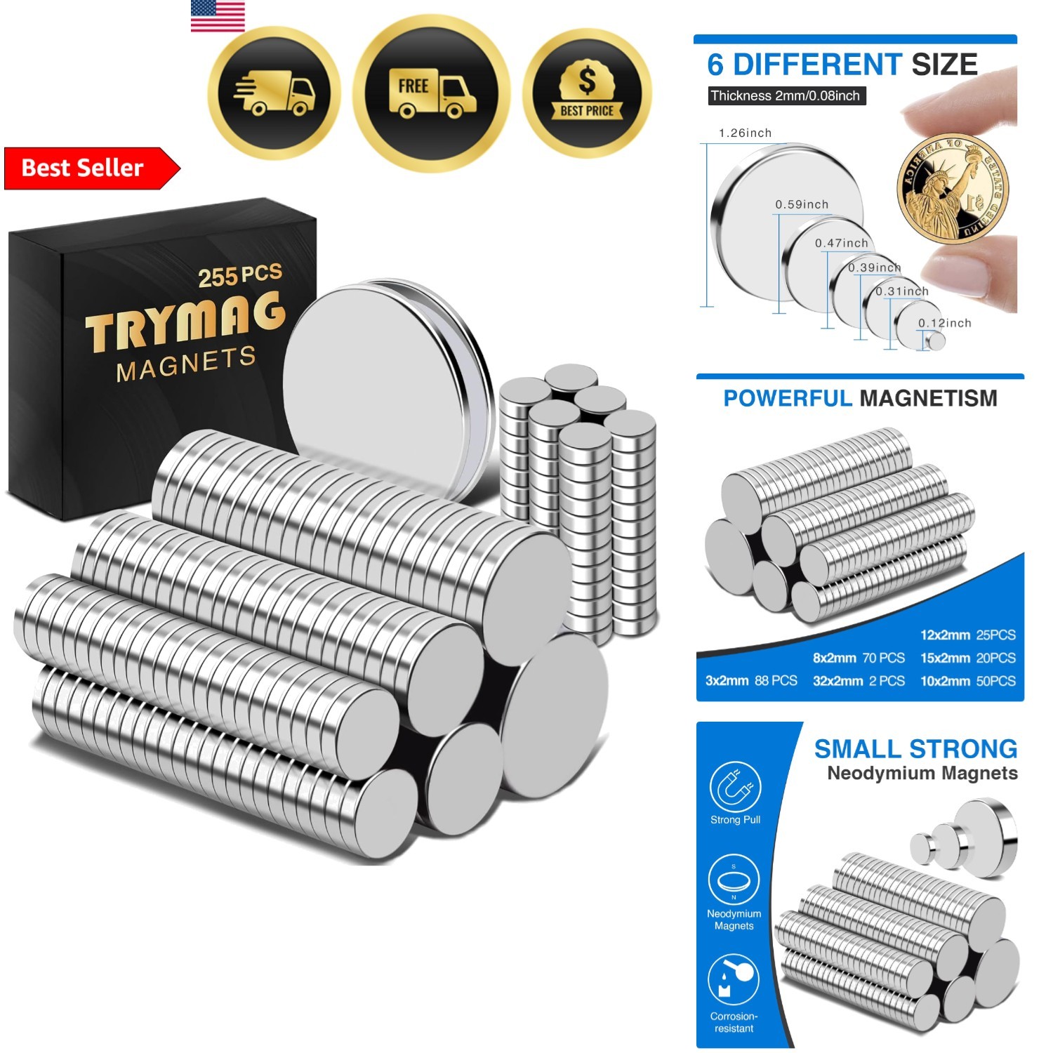 Magnets Set 255pcs Strong Neodymium Round Assorted Sizes for