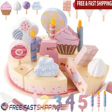 Wooden Birthday Cake Set Toy Pretend Play Food W/ Slices Candles Knife New