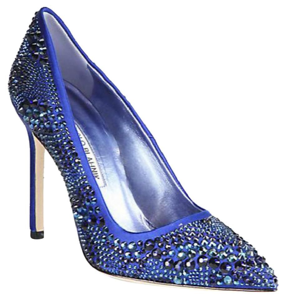 $1875 New Manolo Blahnik BB CRYSTAL 105 Blue Satin SWAROVSKI