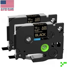2-PACK Tape for Brother P-Touch TZe Label Maker 12mm GOLD Ink on Laminated BLACK