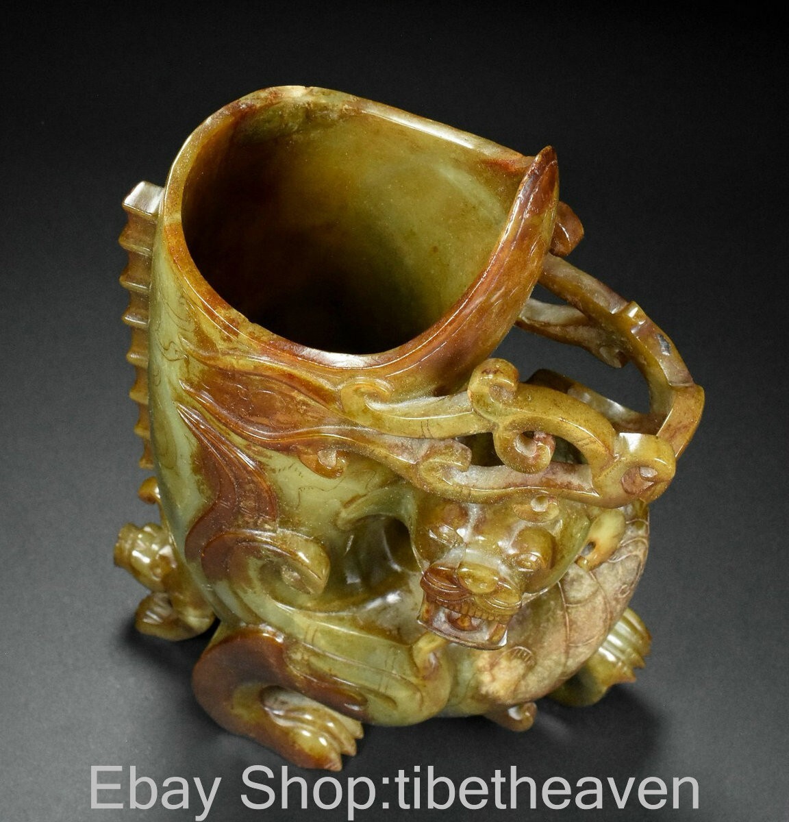 9.6" Old Chinese Hetian Jade Craving Fengshui Dragon Beast Statue Cup Glass Mug