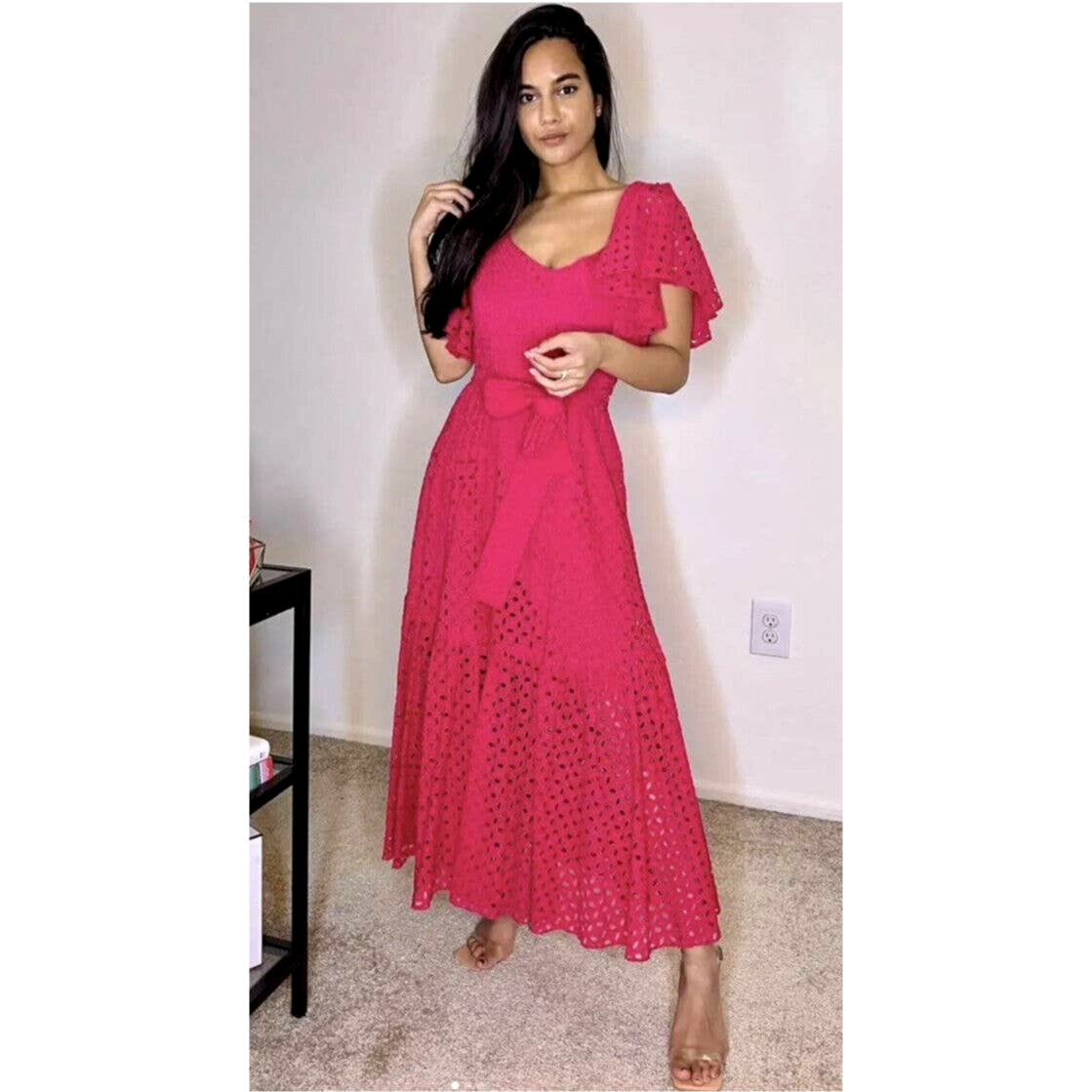 ZARA NEW EMBROIDERED MIDI DRESS WITH BELT FUCHSIA PINK