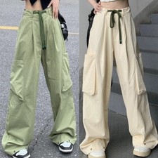 Women Straight Wide Leg Trousers Cargo Pants High Waist Pockets Harajuku New