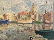 Bellissimo Pittura Olio Su Cartone Martigues Mare Mediterraneo Nave Pesca Arte