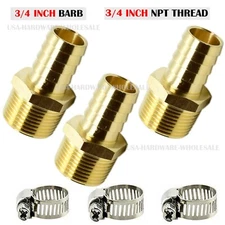 (3Pack) 3/4" Hose Barb X 3/4" MALE NPT Brass Pipe Fitting NPT Thread + Clamps