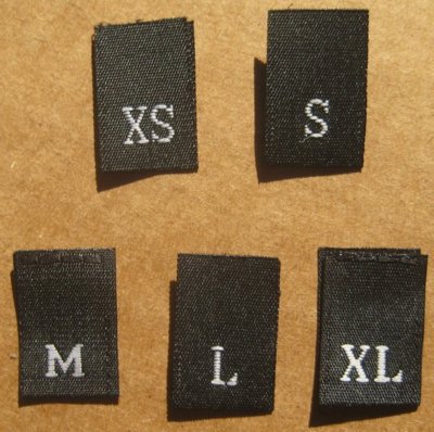 125 PCS BLACK WOVEN CLOTHING LABELS BLACK, SIZE TAGS XS S M L XL (25pcs each)
